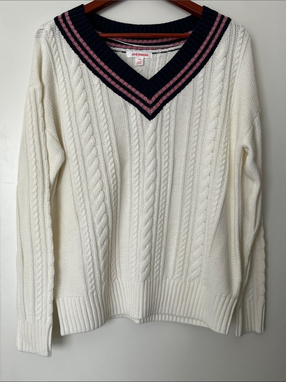❤️3 for $30 Item Joe Fresh Cream Cable-Knit V-Neck Tennis Style Sweater NWT - Picture 2 of 5